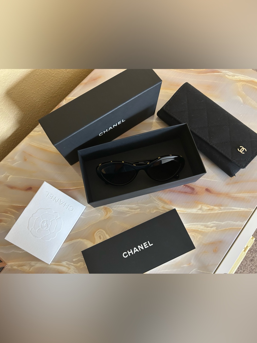 CHANEL Black Gloss Oval Sunglasses with Gold CC Temples - Picture 12 of 12